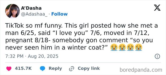 Tweet about a funny and relatable story on TikTok with humorous comments, capturing August's viral moments.
