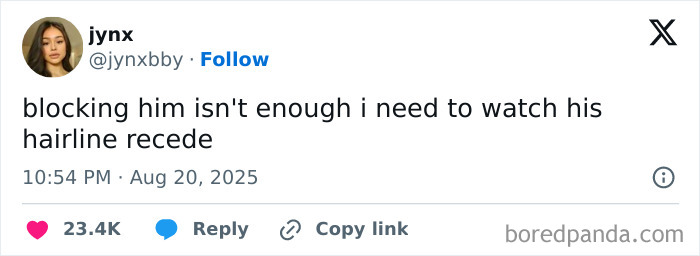 A humorous tweet about blocking someone but wanting to watch his hairline recede, reflecting funny relatable tweets.