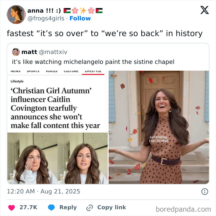 Screenshot of a funny and relatable tweet about seasonal influencer content for August with humorous fall imagery.