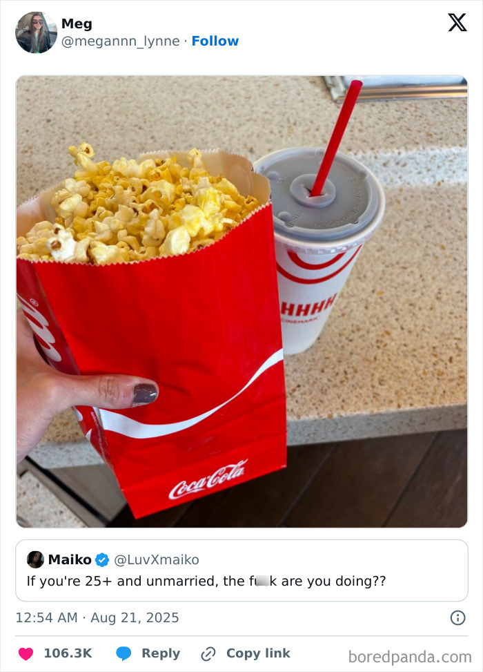 Hand holding popcorn bag and soda cup, illustrating funny and relatable tweets from August about handling news.