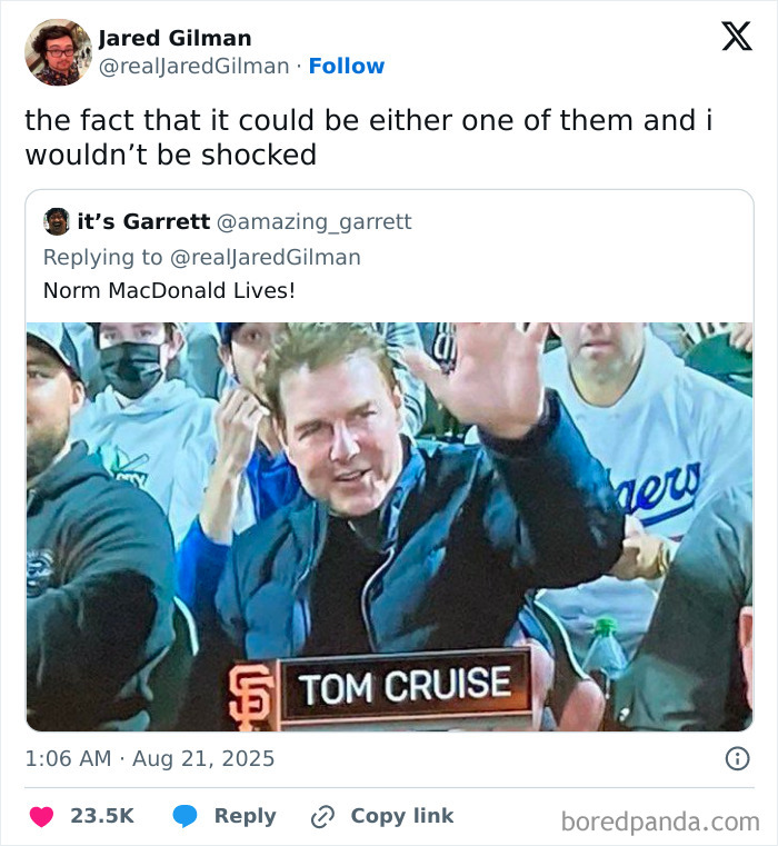 Funny and relatable tweet featuring a confusing celebrity lookalike moment at a sports event in August.