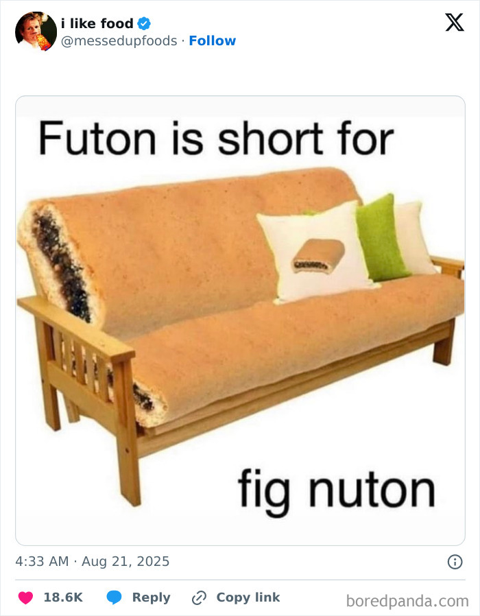 Funny and relatable tweet showing a futon couch designed as a fig newton pastry with pillows on top