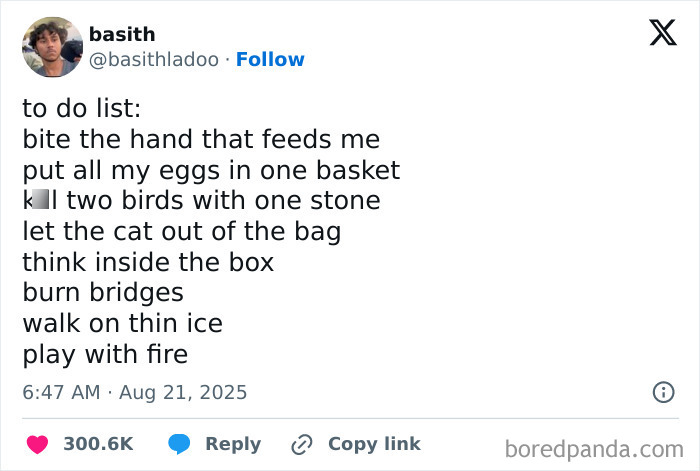 Screenshot of a funny and relatable tweet listing playful idioms, illustrating humor in trending August tweets.