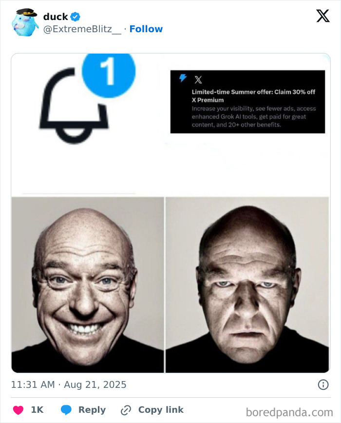 Funny and relatable tweets from August showing contrasting happy and serious facial expressions reacting to news notifications.