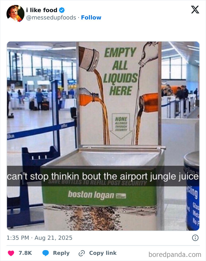 Airport liquid disposal station with humorous tweet caption about jungle juice at Boston Logan airport.