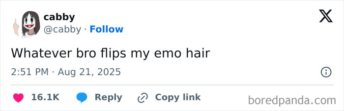 A funny and relatable tweet about emo hair posted in August with engagement icons and user avatar visible.
