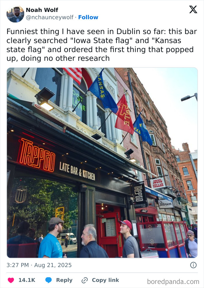 Bar in Dublin with Iowa and Kansas state flags displayed, captured in a funny and relatable tweet about mistaken research.