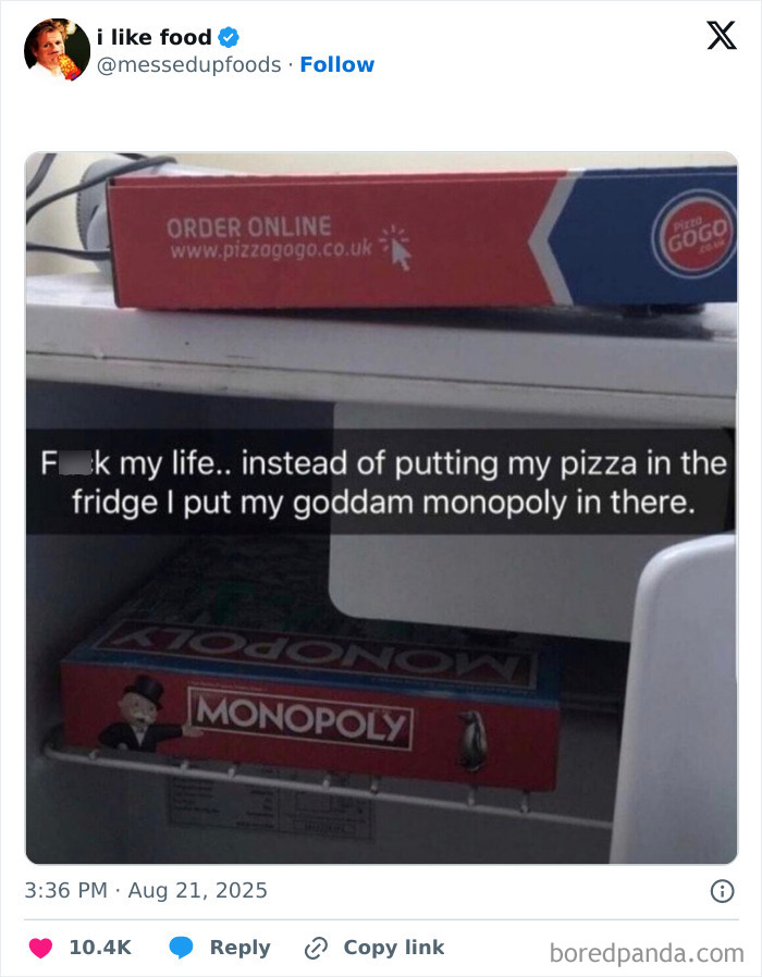 Tweet showing a pizza box and a Monopoly game in a fridge, highlighting funny and relatable moments from August tweets.