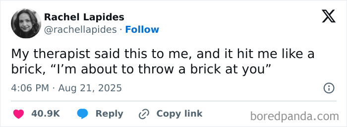 Screenshot of a funny and relatable tweet about therapy from August, part of humorous tweets collection for overwhelmed readers.