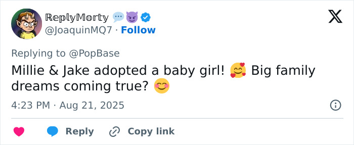 Tweet about Millie Bobby Brown&rsquo;s baby adoption sparking debate on her age and acting career or social experiment.
