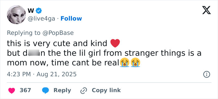 Screenshot of a tweet reacting to Millie Bobby Brown&rsquo;s baby adoption with fans debating if she is too young.