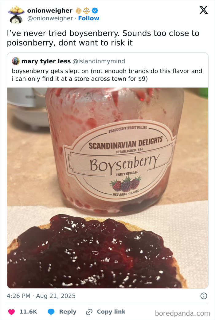 Tweet about boysenberry fruit spread with humor, featured in a collection of funny and relatable tweets from August.