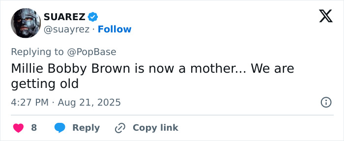 Screenshot of a tweet reacting to Millie Bobby Brown&rsquo;s baby adoption news sparking debate about her age and career choices.