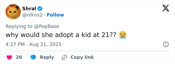 Screenshot of a tweet questioning Millie Bobby Brown&rsquo;s baby adoption at 21, sparking debate among fans online.