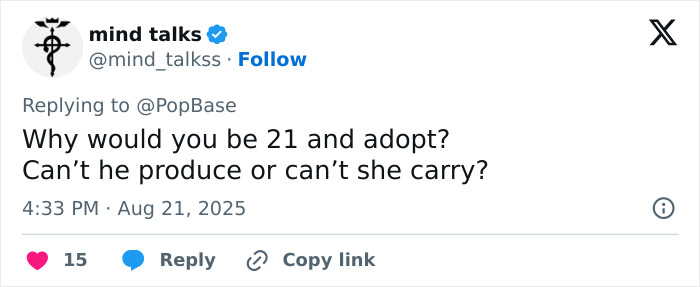 Tweet discussing Millie Bobby Brown&rsquo;s baby adoption and fan debate on her being too young for adoption or motherhood.