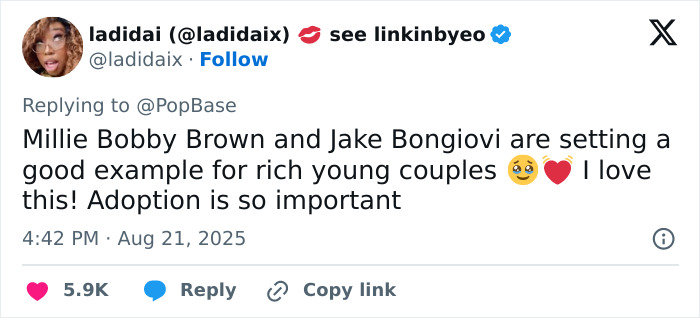 Tweet praising Millie Bobby Brown and Jake Bongiovi for setting an example about adoption and family with their baby girl.