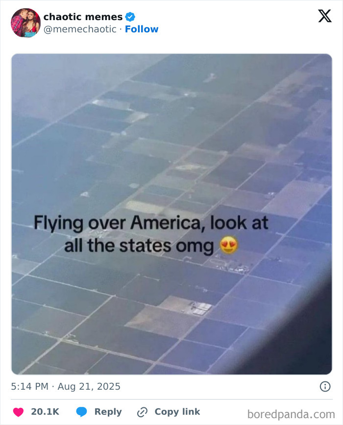 Funny and relatable tweet showing an aerial view of farmland mistaken for states while flying over America