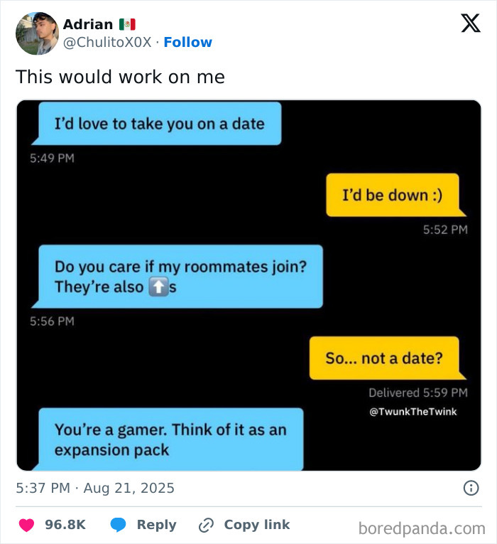 Funny and relatable tweet conversation about a date invitation with a gamer’s humorous expansion pack reference on social media.