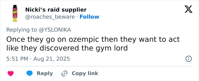 Tweet from Nicki&rsquo;s raid supplier reacting to Ozempic usage, discussing gym culture and transformation trends.
