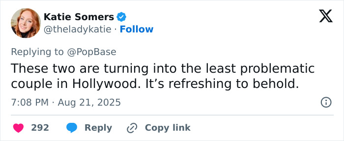 Tweet by Katie Somers praising Millie Bobby Brown and Jake Bongiovi as a refreshing and least problematic Hollywood couple.