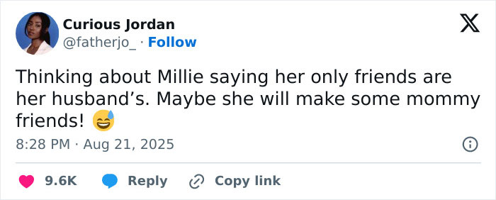 Screenshot of a tweet discussing Millie Bobby Brown&rsquo;s social life after adopting a baby, sparking fan worries.
