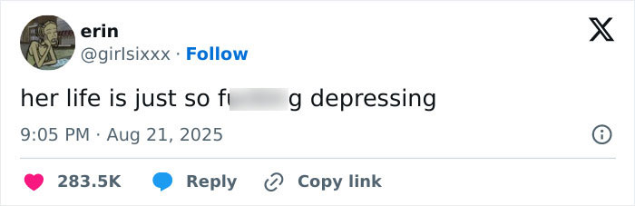 Screenshot of a Twitter post expressing that Millie Bobby Brown's life seems very depressing, sparking fan concern.