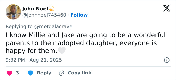 Tweet showing support for Millie Bobby Brown and Jake Bongiovi as new parents to their adopted baby girl.