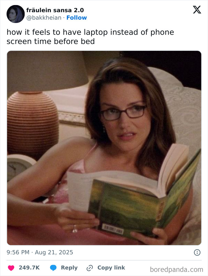 Woman with glasses reading a book in bed, illustrating funny and relatable tweets about screen time before bed.