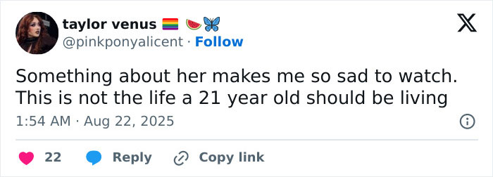 Screenshot of a tweet expressing sadness about Millie Bobby Brown&rsquo;s life after adopting a baby at 21 years old.