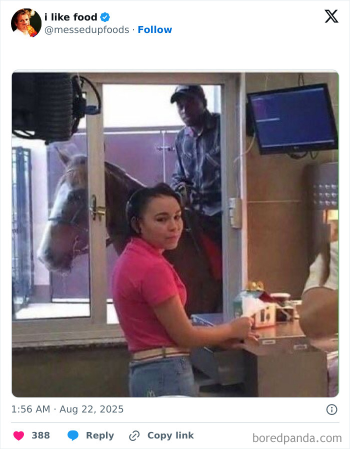 A woman in a pink shirt at a service window with a man on a horse waiting outside, funny relatable tweet moment.