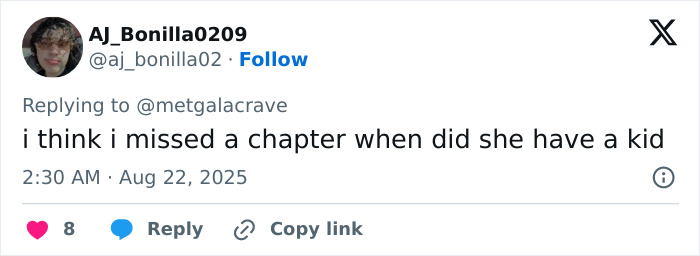 Twitter user AJ_Bonilla0209 responds to a tweet, asking when Millie Bobby Brown and Jake Bongiovi had their baby girl.