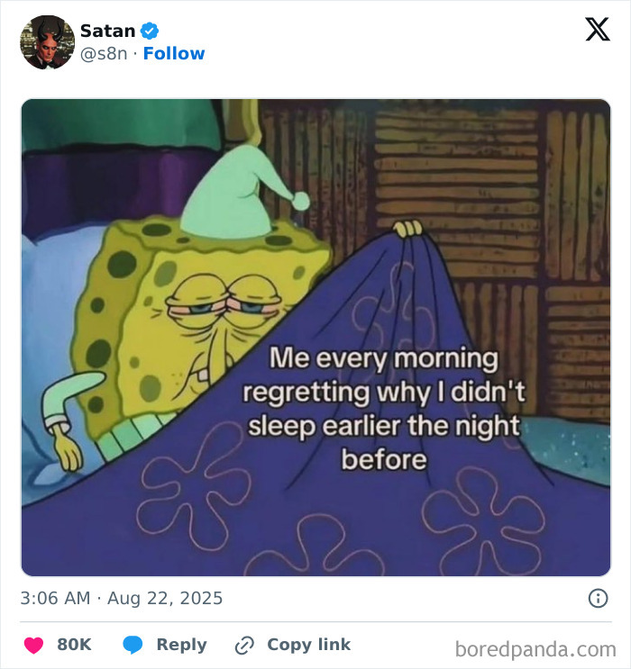 SpongeBob meme showing relatable tiredness and regret, illustrating funny and relatable tweets about daily struggles.