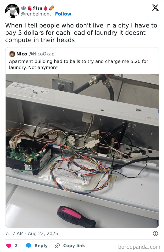 Tweet showing inside of a laundry machine with exposed wires, related to funny and relatable tweets about city laundry costs.