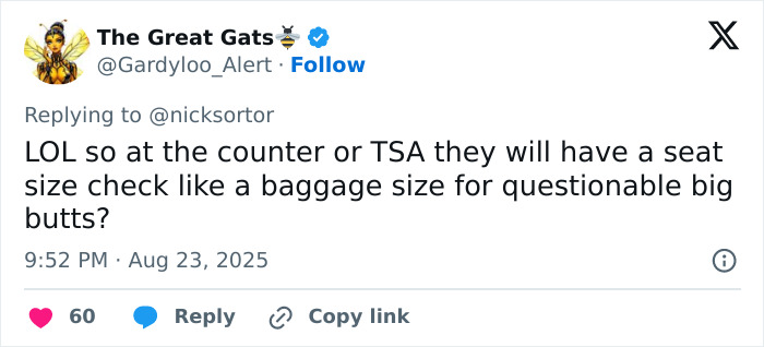Tweet discussing seat size checks at counters or TSA relating to airline rules affecting plus-size passengers. Tweet discussing seat size checks at counters or TSA relating to airline rules affecting plus-size passengers.