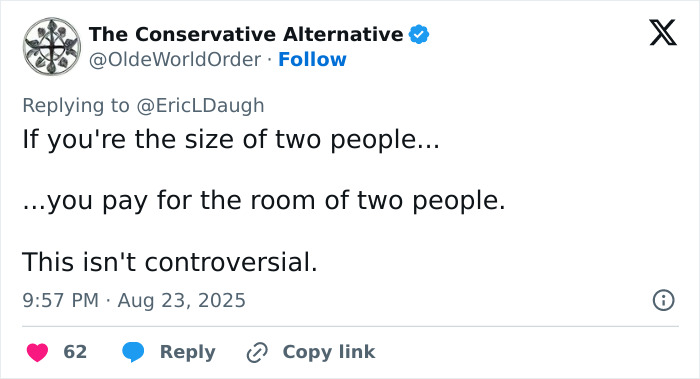 Tweet from The Conservative Alternative discussing airline policy requiring plus-size passengers to pay for extra space, sparking outrage. Tweet from The Conservative Alternative discussing airline policy requiring plus-size passengers to pay for extra space, sparking outrage.