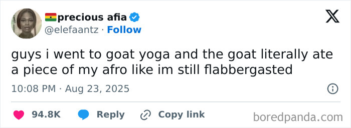 Tweet about a humorous experience at goat yoga, featured in funny and relatable tweets from August for those overwhelmed by news.