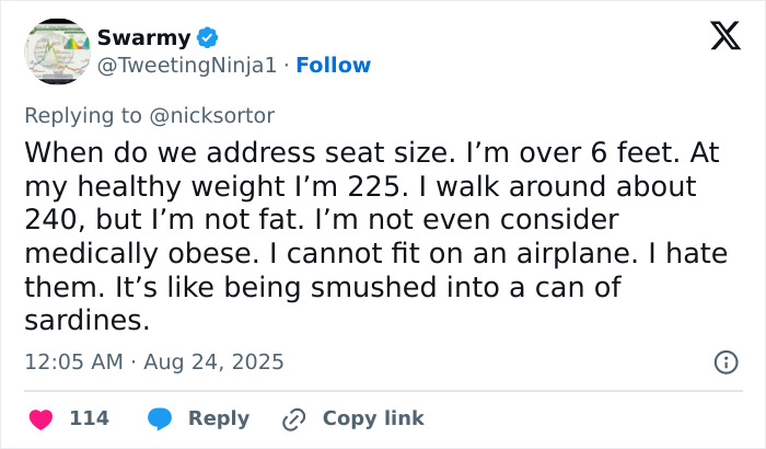 Tweet discussing airline seat size issues, highlighting struggles faced by plus-size passengers due to controversial new airline rule. Tweet discussing airline seat size issues, highlighting struggles faced by plus-size passengers due to controversial new airline rule.