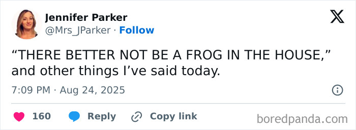 Tweet text reading THERE BETTER NOT BE A FROG IN THE HOUSE humorously shared in a viral tweets collection.