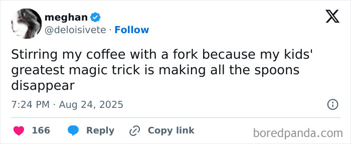 Tweet about parenting humor, stirring coffee with a fork, highlighting funny moments in kids' daily life.