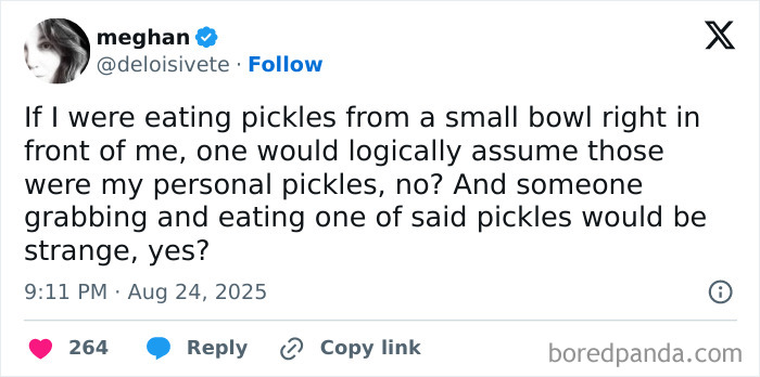 Tweet about pickles humor, part of a collection of funny tweets to make you chuckle without kids in August.