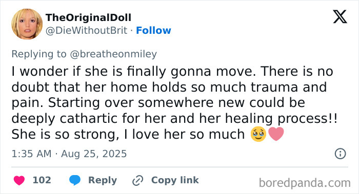 Tweet expressing concern about Britney Spears' mental health, healing process, and emotional strength amid trauma and pain.