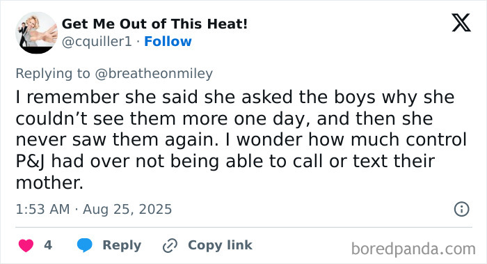 Tweet discussing concerns about control over communication with mother amid Britney Spears mental help worries.