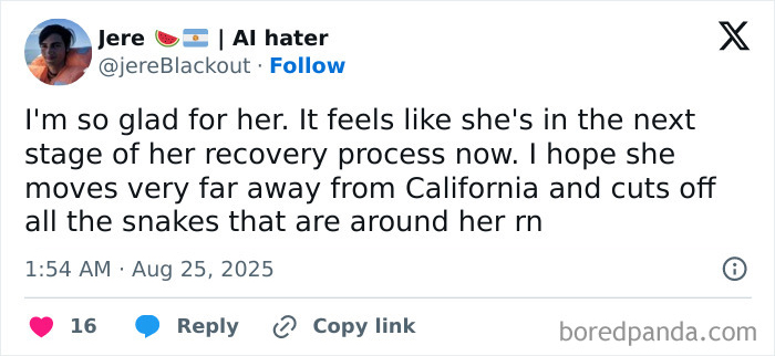 Tweet expressing support for Britney Spears' recovery and hope she distances herself from negative influences in California.