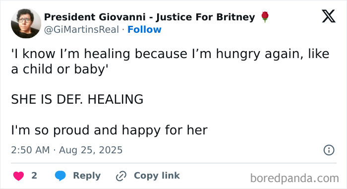 Tweet expressing support for Britney Spears&rsquo; mental health and recovery, highlighting healing and happiness.