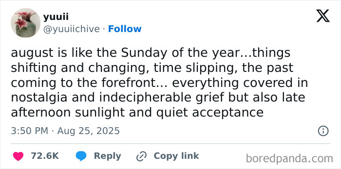 Tweet about August describing it as nostalgic and relatable with shifting time and quiet acceptance, fitting funny and relatable tweets.