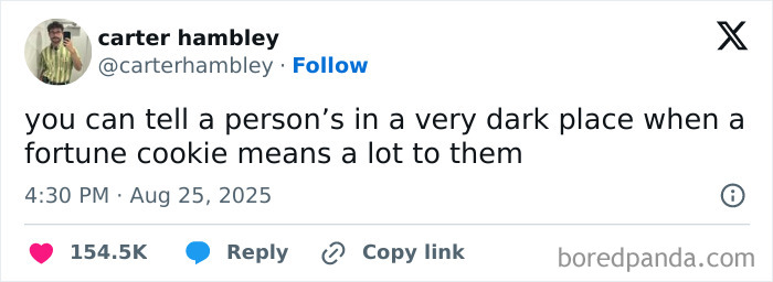 Tweet about finding comfort in a fortune cookie, highlighting funny and relatable tweets from August in a social media post.
