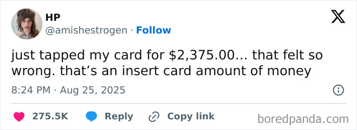 Tweet showing a relatable reaction to tapping a card for an unexpectedly high amount, reflecting funny and relatable tweets from August.