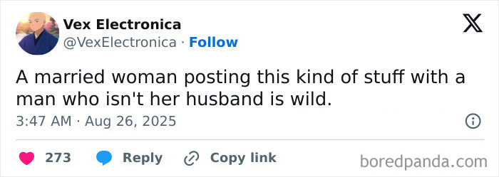 Tweet by Vex Electronica commenting on a married woman&rsquo;s racy selfie with Jonathan Bailey sparking heated reactions.