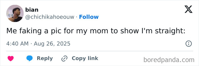 Screenshot of a Twitter post by user bian joking about faking a picture to show he is straight.