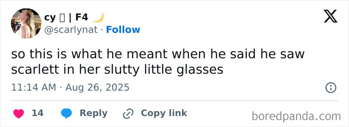 Tweet text discussing Scarlett Johansson&rsquo;s controversial glasses look, sparking reactions related to Jonathan Bailey&rsquo;s racy selfie.